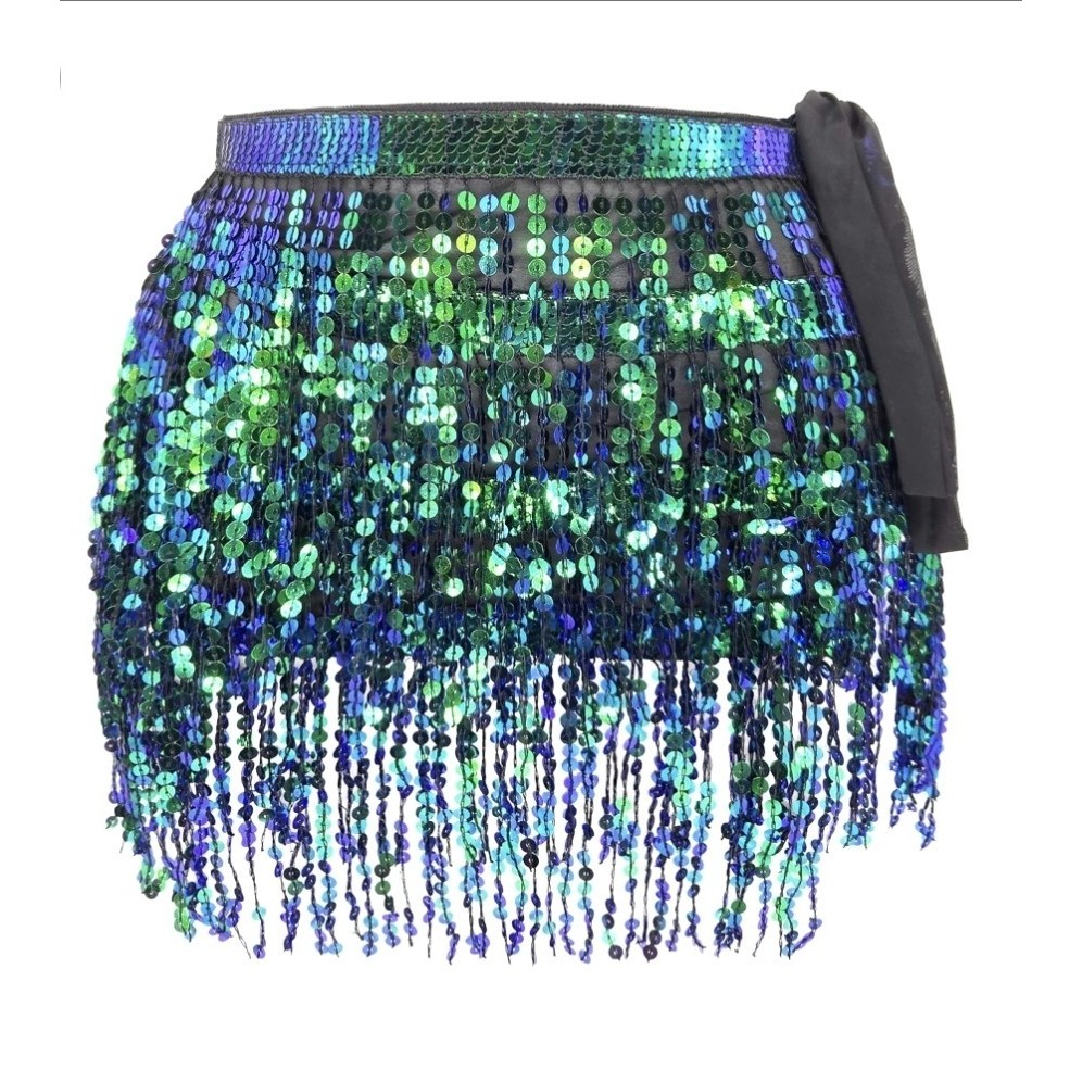 Women Sequin Tassel 4 Layer Skirt Glitter Sparkly Fringe Belly Dance Hip Scarf